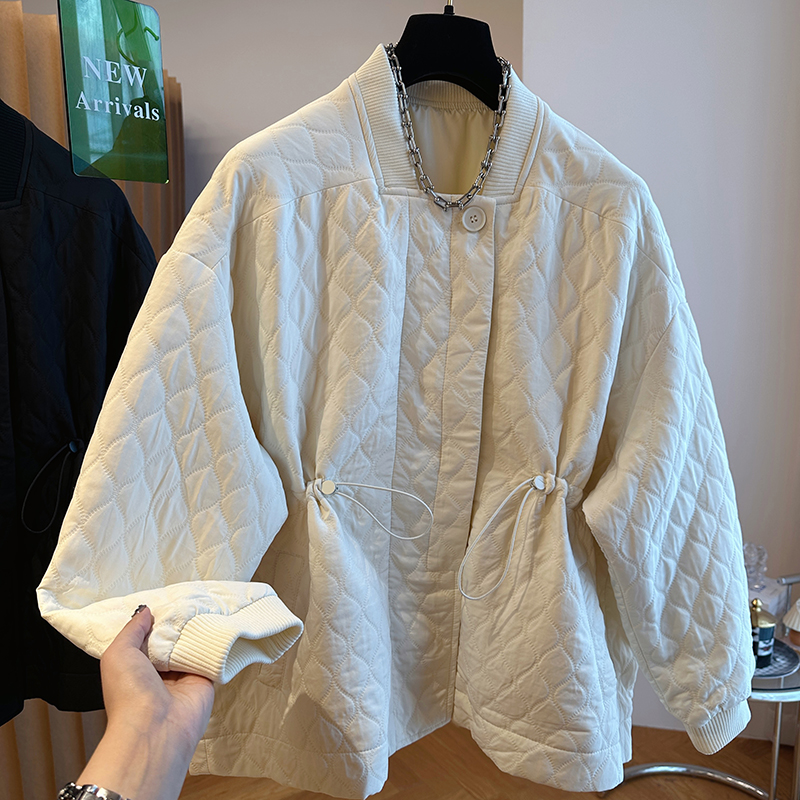 P593精致小众设计感绗缝菱格抽绳收腰轻薄棉服女秋冬百搭气质棉衣