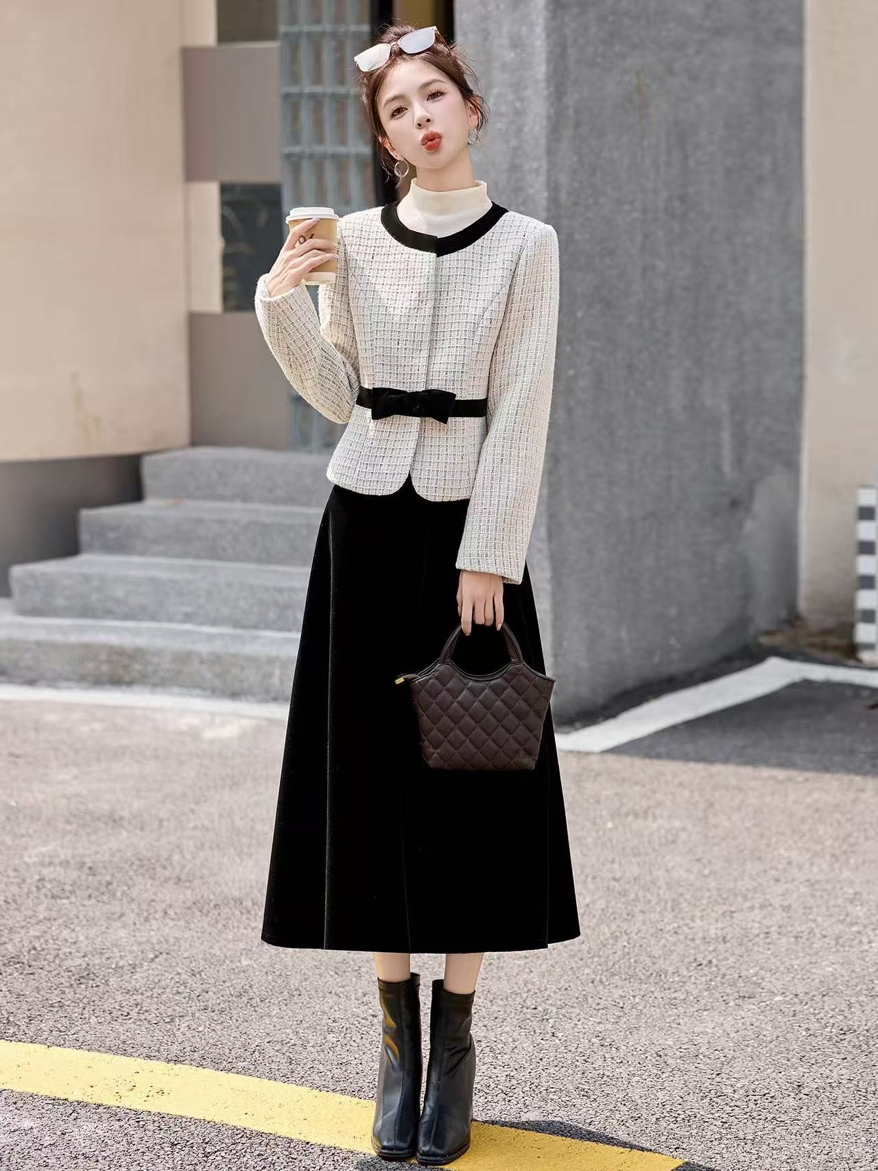 法式小香风撞色拼接套装裙女2025秋冬新款高级感丝绒半身裙两件套