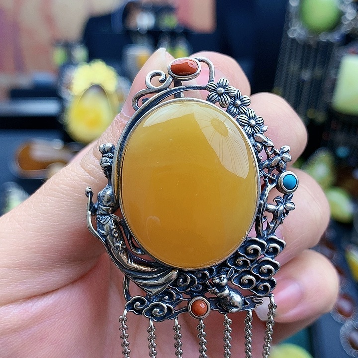 琥珀裸石银S925镶嵌坠