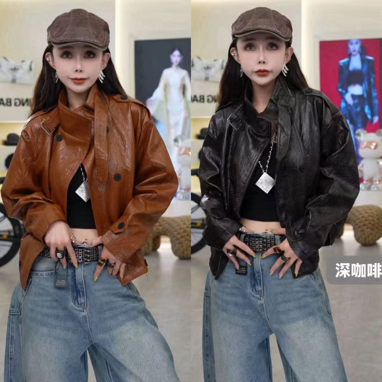 星宝同款韩版机车重工油蜡PU蛋白皮宽松设计百搭女秋冬外套