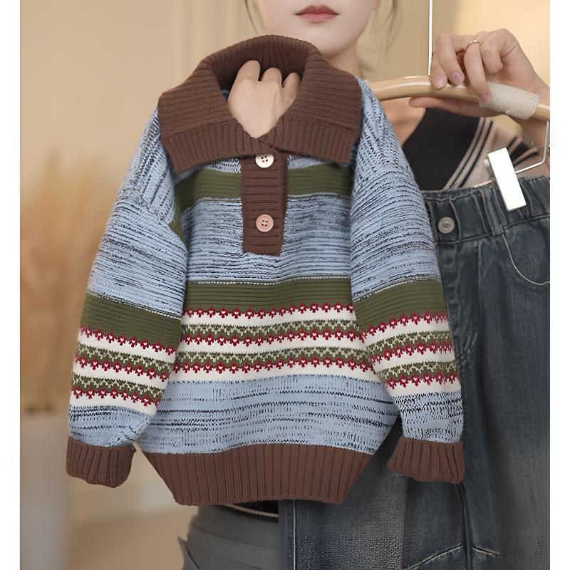 儿童厚款上衣毛衣POLO领撞色条纹针织衫加厚男