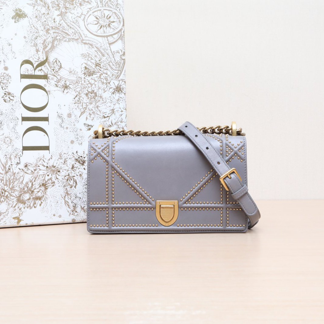95新 DIOR/迪奥 小花黑黑 盾牌包 小号 21 灰色 皮革S 铆钉饰面