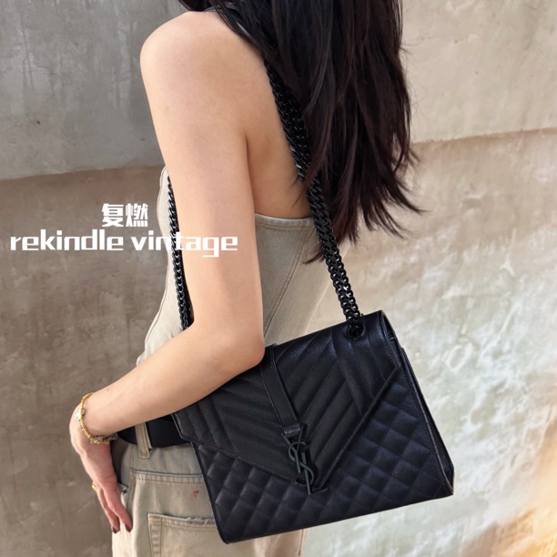 95新 YSL/圣罗兰 复燃精选/黑色soblack鱼子酱中号信封单肩斜挎包