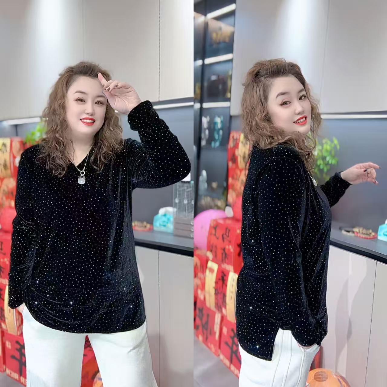 8951（丹姐家）丝绒t恤气质V领百搭洋气显瘦重工烫钻中长款大衫