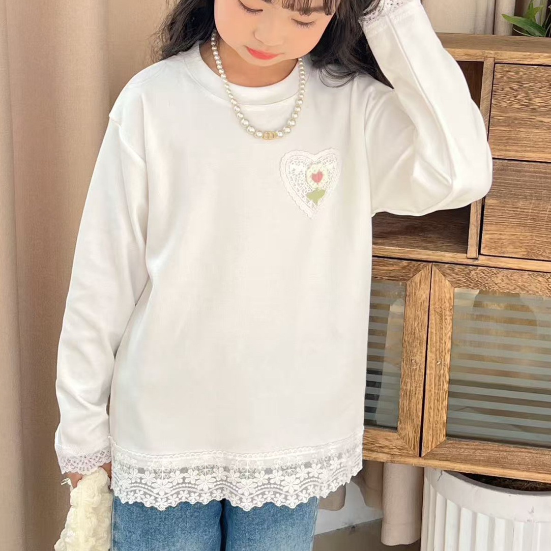 82506#中大童女童秋款蕾丝打底白T洋气百搭