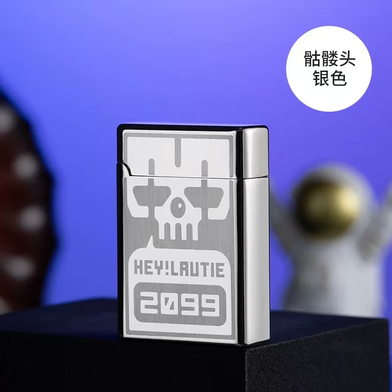 CL2102-银冰 骷髅头 新款电子感应滚轮红焰直冲防风打火机