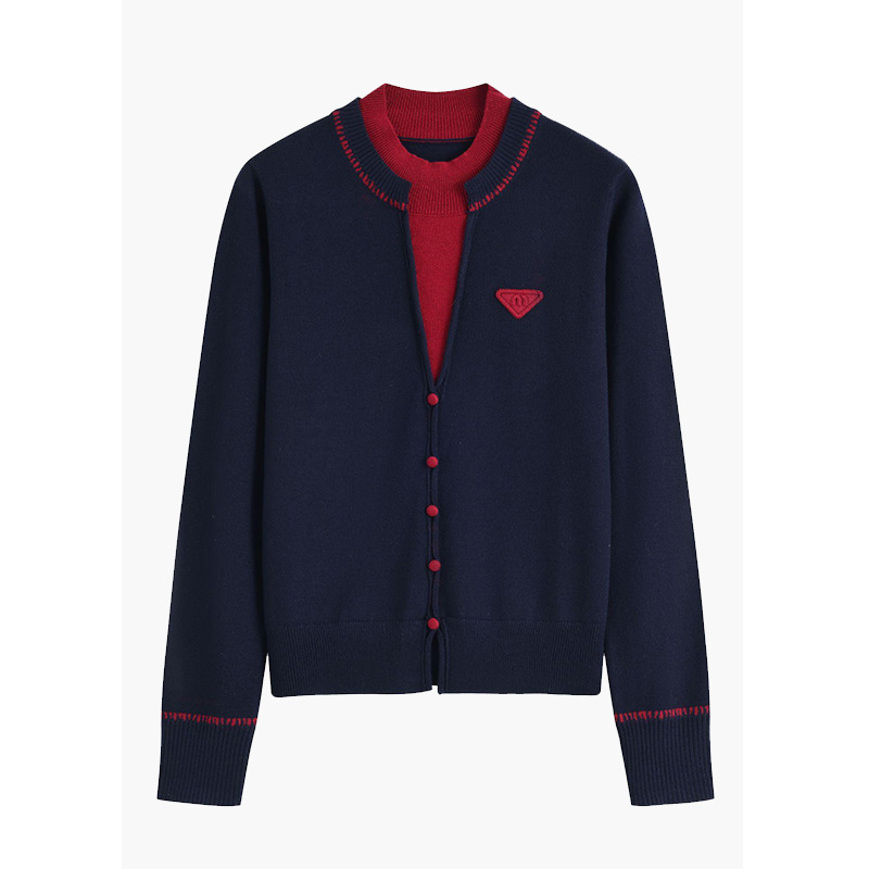 假两件圆领长袖拼色针织衫新款小个子气质百搭羊毛上衣1673