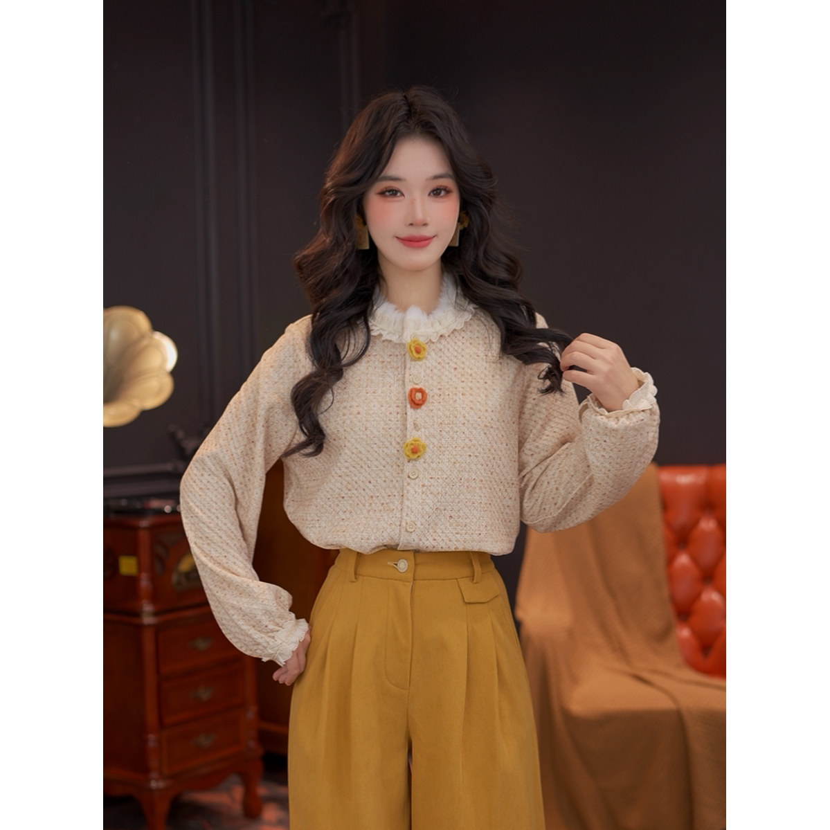 DaYuanSAD婉儿立领毛绒长袖衬衣上衣秋冬季内搭打底衬衫#G15009