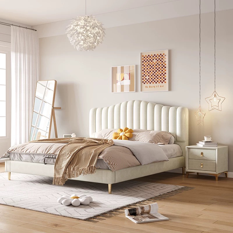 科技布床轻奢现代简约风ins奶油系女孩主卧储物软体床布艺双人床