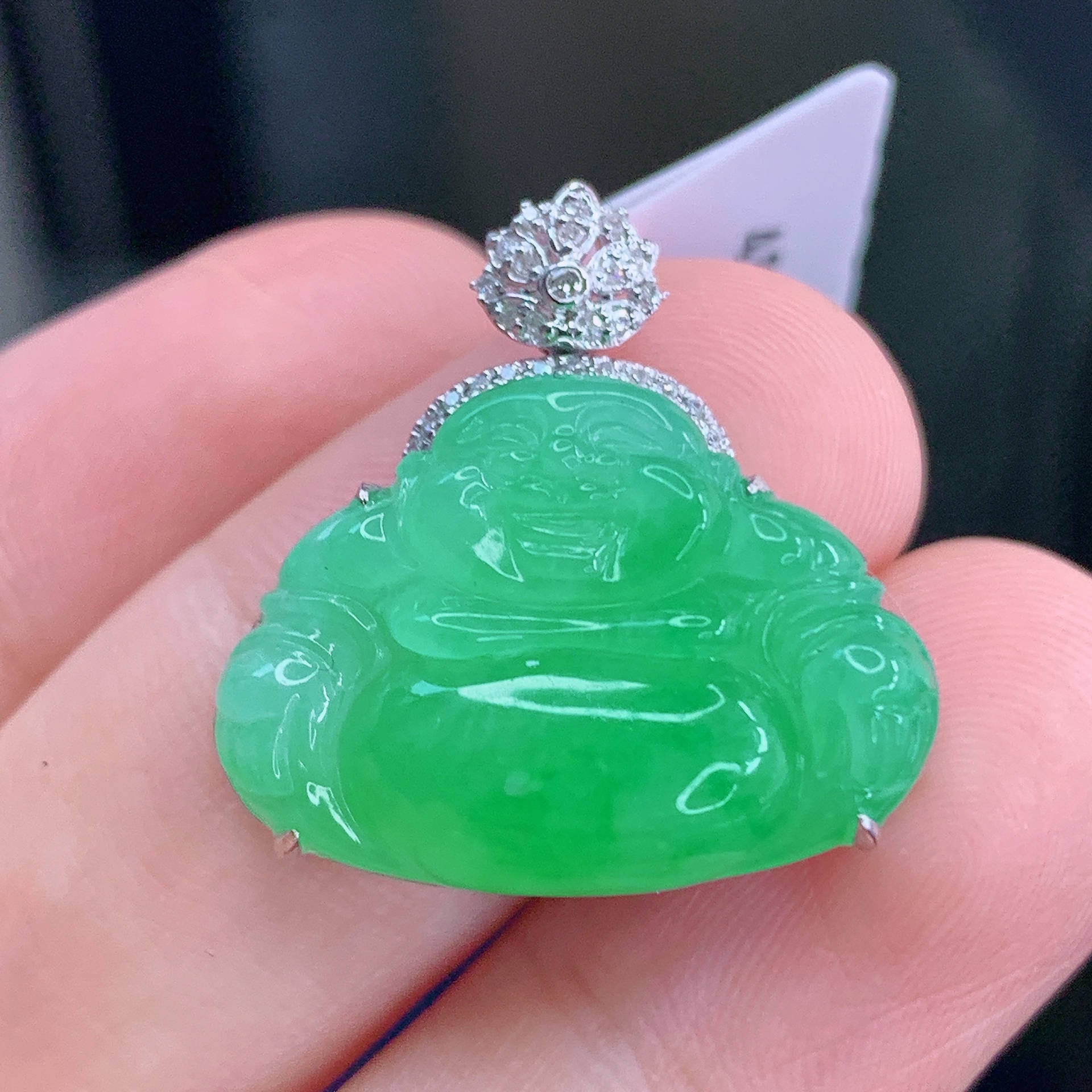 天然缅甸A货满绿翡翠佛公镶嵌18k金吊坠精美冰阳绿