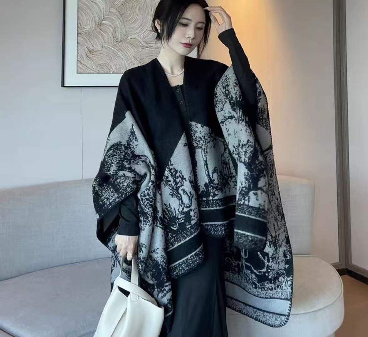 初秋冬季外搭薄款江南水乡文艺旅游披风仿羊绒针织围巾油画披肩