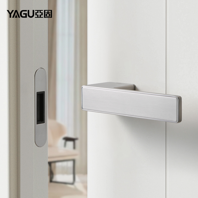 亚固银色意式极简木门锁磁吸门锁室内卧室房门锁门把手静音简约