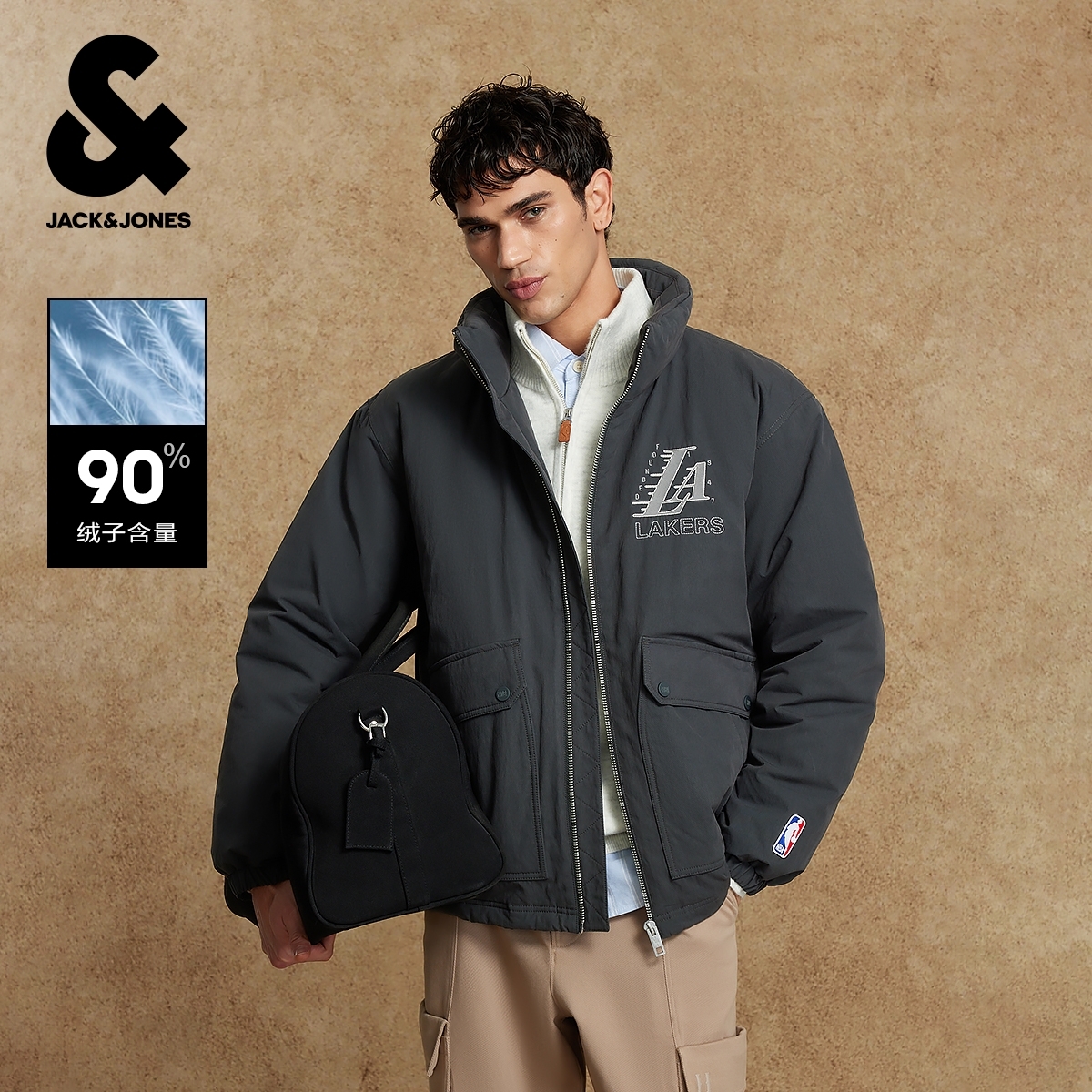 杰克琼斯NBA联名款男装羽绒服秋冬时尚百搭贴布刺绣立领保暖外套