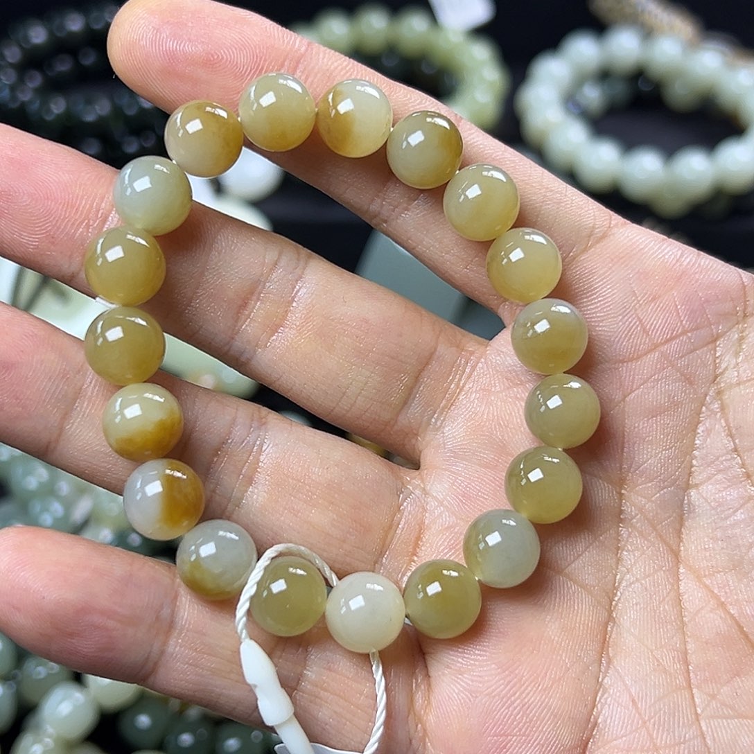 和田玉手链未镶嵌且末糖白卡10圆珠 油润 