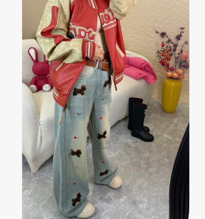 冬季加绒保暖新款爆款重工刺绣独角兽牛仔阔腿裤显瘦百搭