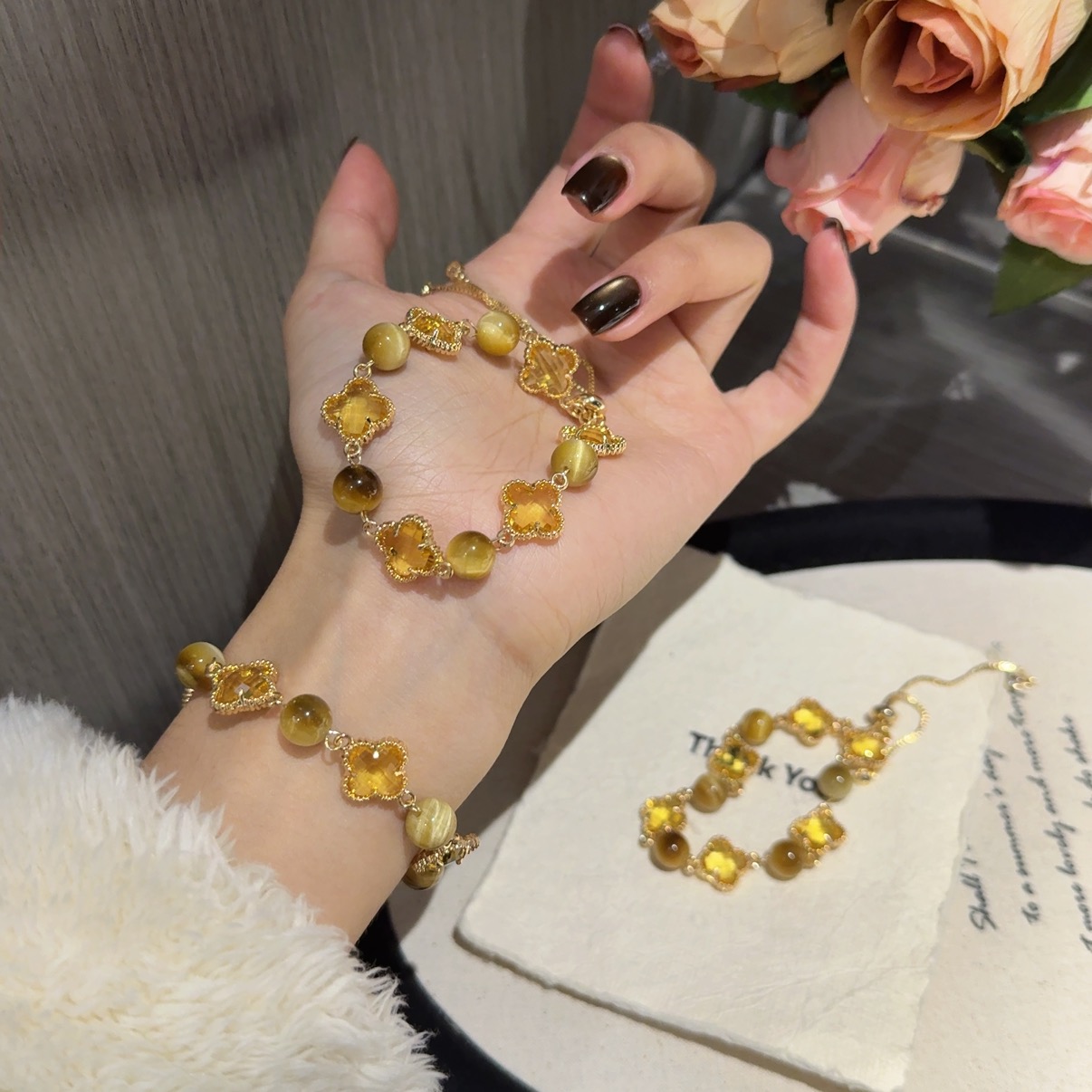 【虎眼四叶花】8mm虎眼手链抽拉可调节 多样性发一