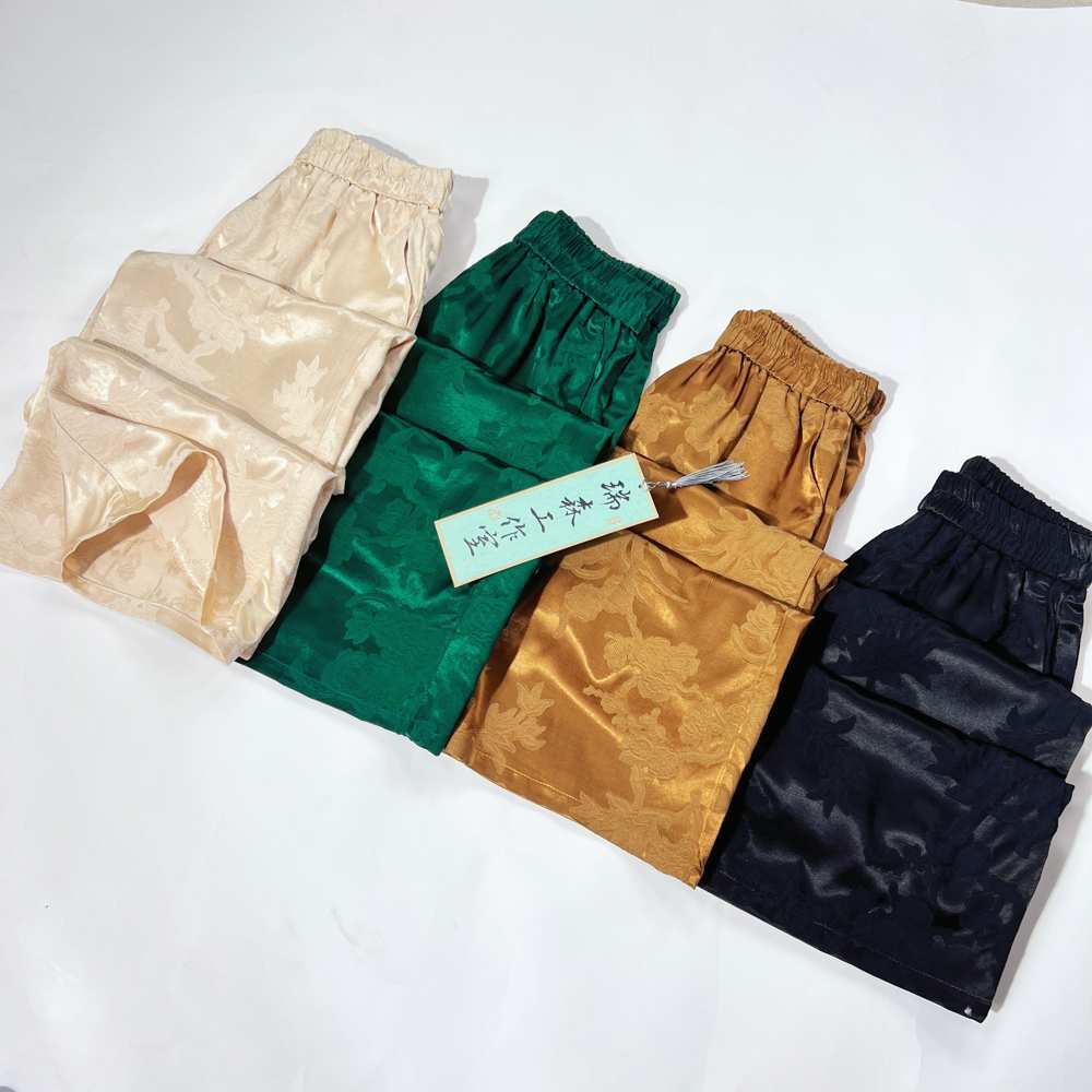 1052 国风全松紧腰纯色提花直筒裤百搭气质