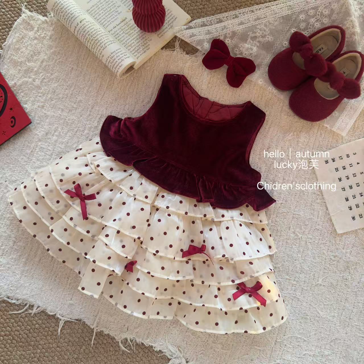 【lucky泡芙】甜美风！女童丝绒波点蛋糕裙酒红复古蝴蝶结连衣裙潮
