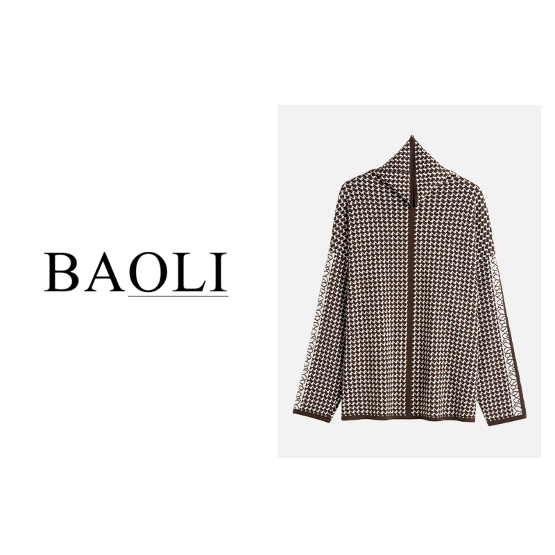 时尚千鸟格套头高领毛衣2023秋冬新款休闲宽松设计感上衣LKXL2308