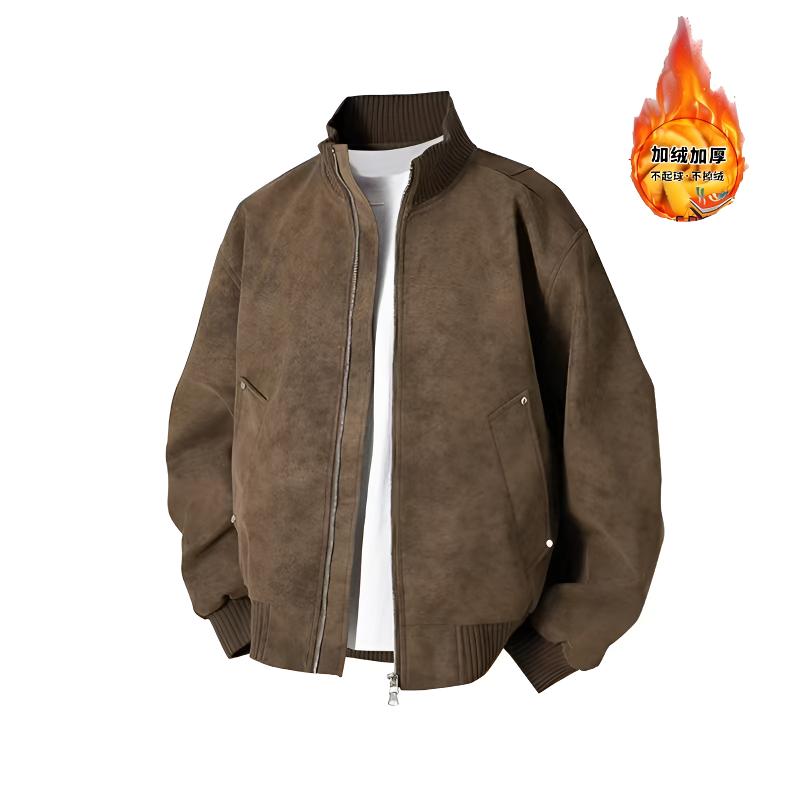 爱米桃心美式PU皮衣外套男春秋季宽松潮牌潮流立领复古百搭短夹克