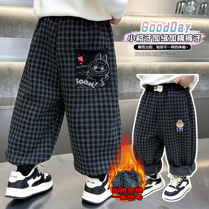 男童一体绒裤子冬季新款韩版洋气格子裤儿童装休闲裤小童加绒长裤