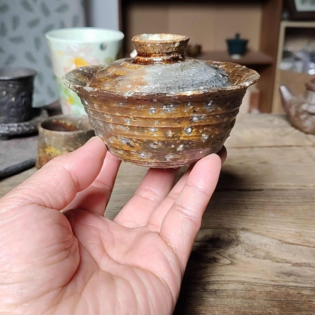 466号柴窑裸烧粗陶泥盖碗