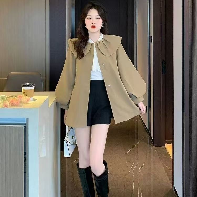 韩版甜美可爱娃娃领收腰衬衫连衣裙女温柔风气质小个子a字裙-A21
