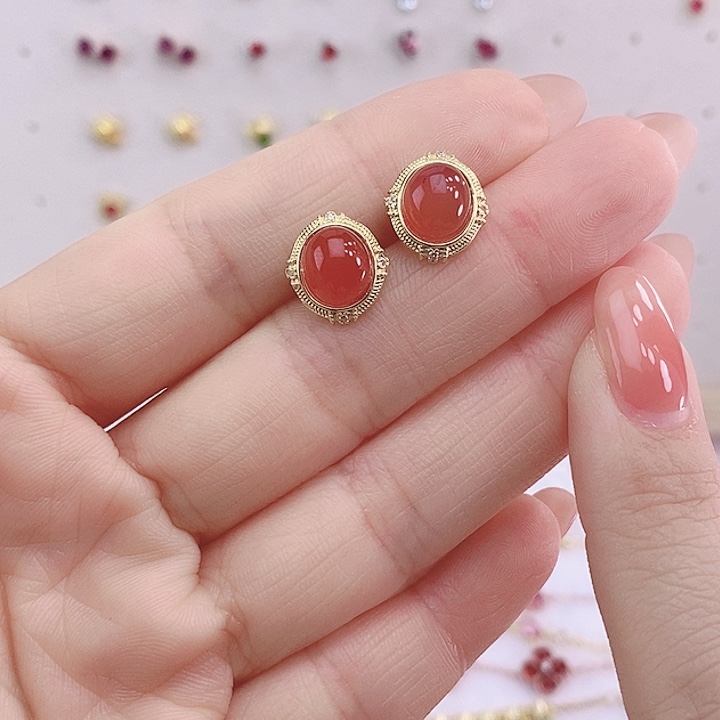 南红玛瑙耳饰银S925镀金镶嵌