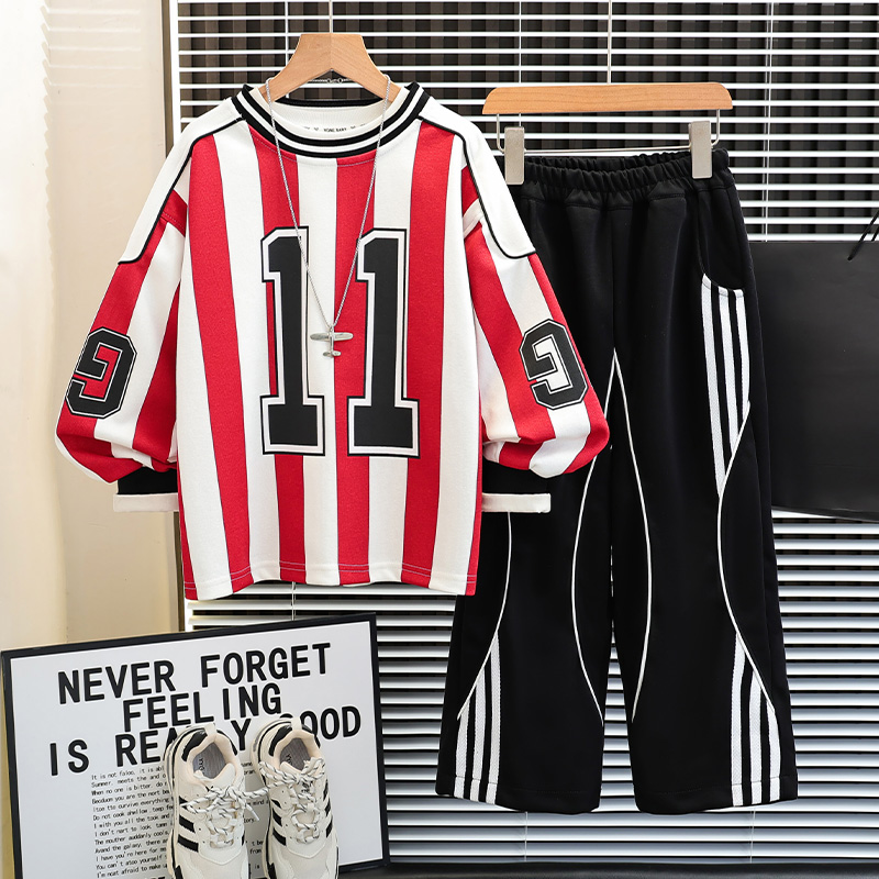 【品牌】男童中大童春秋季时尚条纹韩版长袖长裤儿童卫衣宽松潮套装