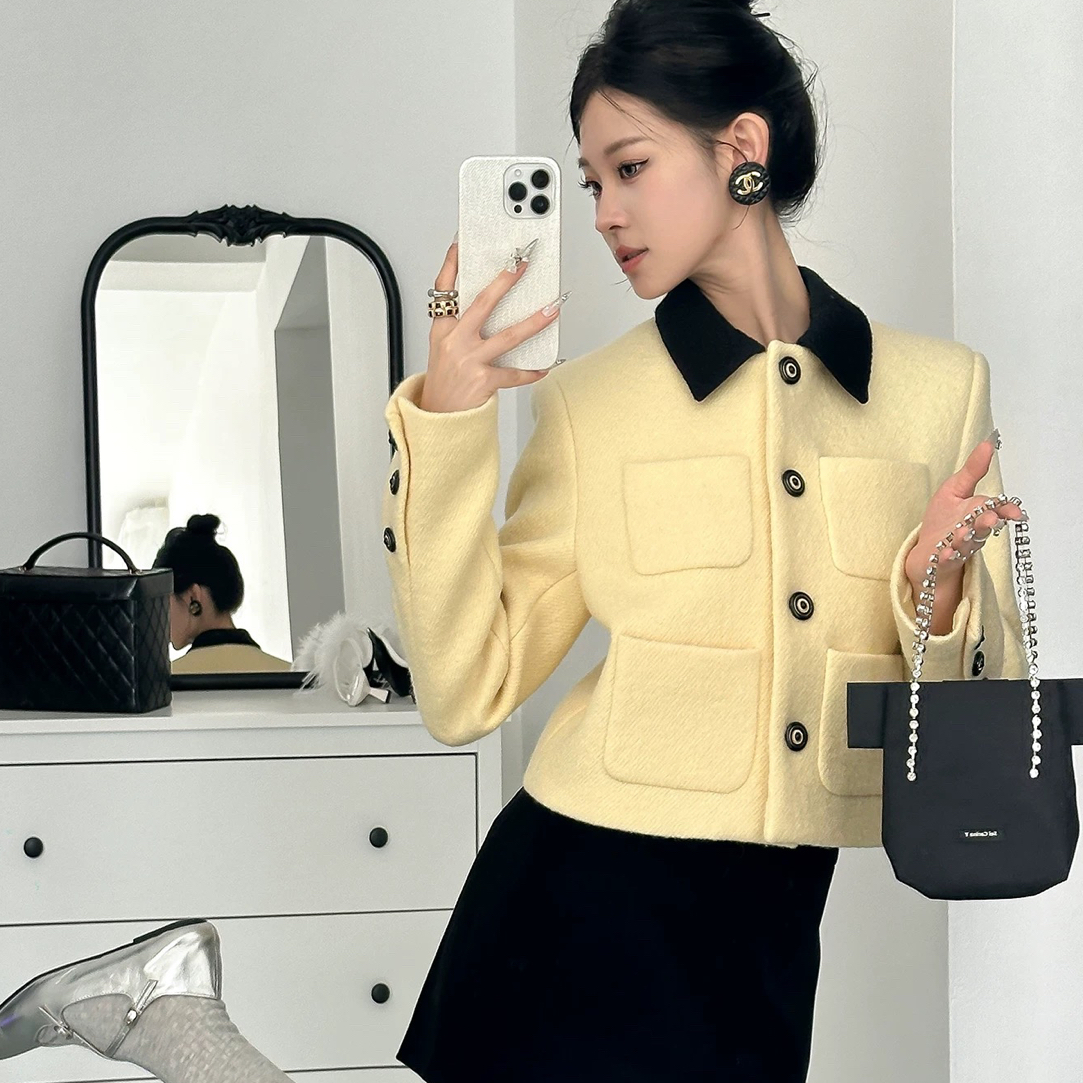 （衣长50）江南雨季9878小香风气质撞色翻领外套秋冬新款短款羽