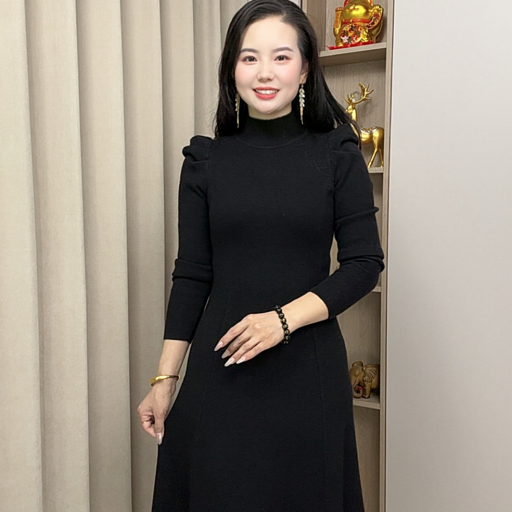 法式半高领针织连衣裙秋冬修身显瘦气质中长款内搭配大衣毛衣裙