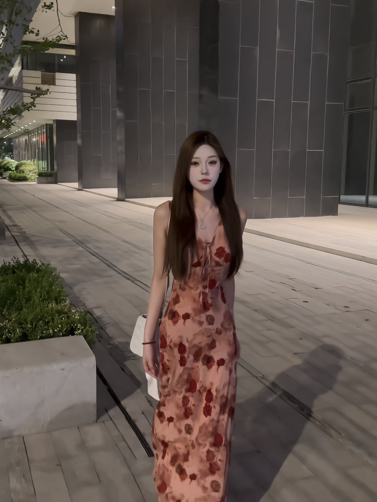 【清迈花季】玫瑰v领连衣裙女春季修身显瘦长裙子洋气