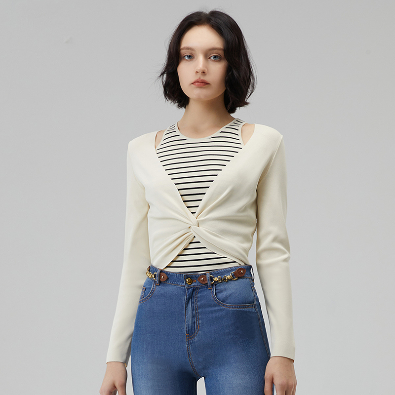 【诗语专属】恩曼琳春新款假两件条纹法式短款气质修身上衣WANEAA05
