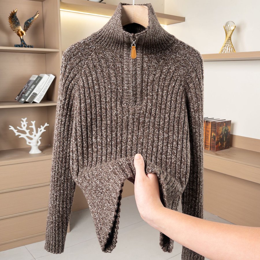 2025秋冬半开立领毛衣女花色纱显瘦百搭竖条纹休闲加厚羊毛衫套头