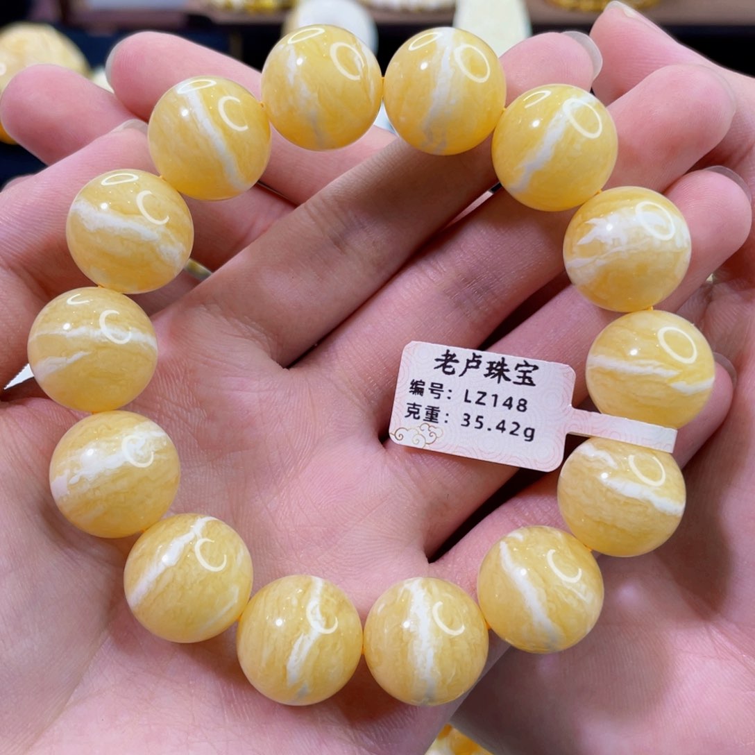 琥珀裸石未镶嵌16mm同料一线天圆珠蜜蜡手串