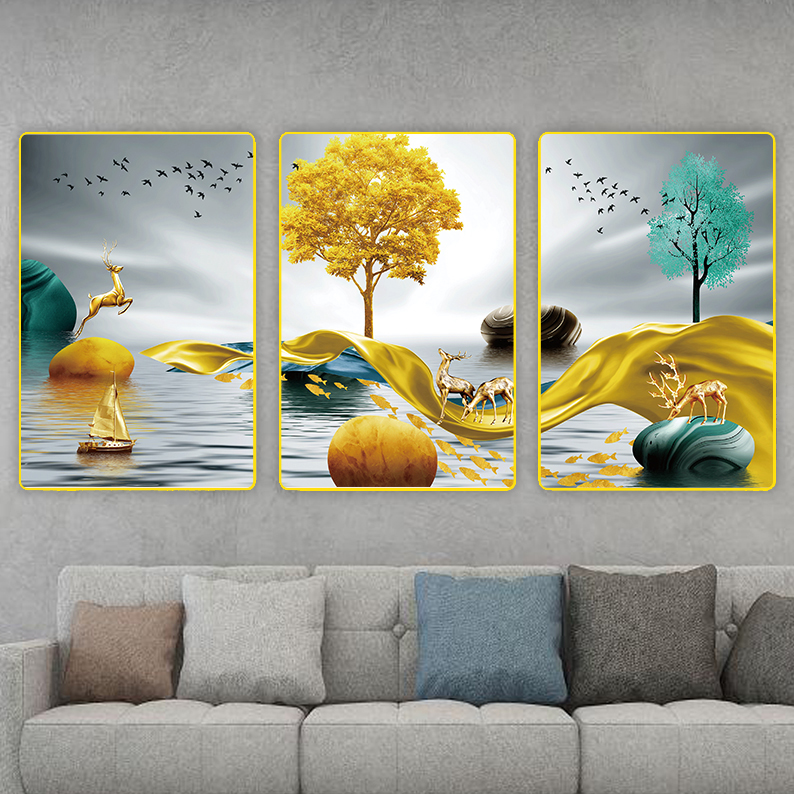 S013现代简约轻奢三联画客厅装饰画沙发背景墙壁挂画高档大气壁画