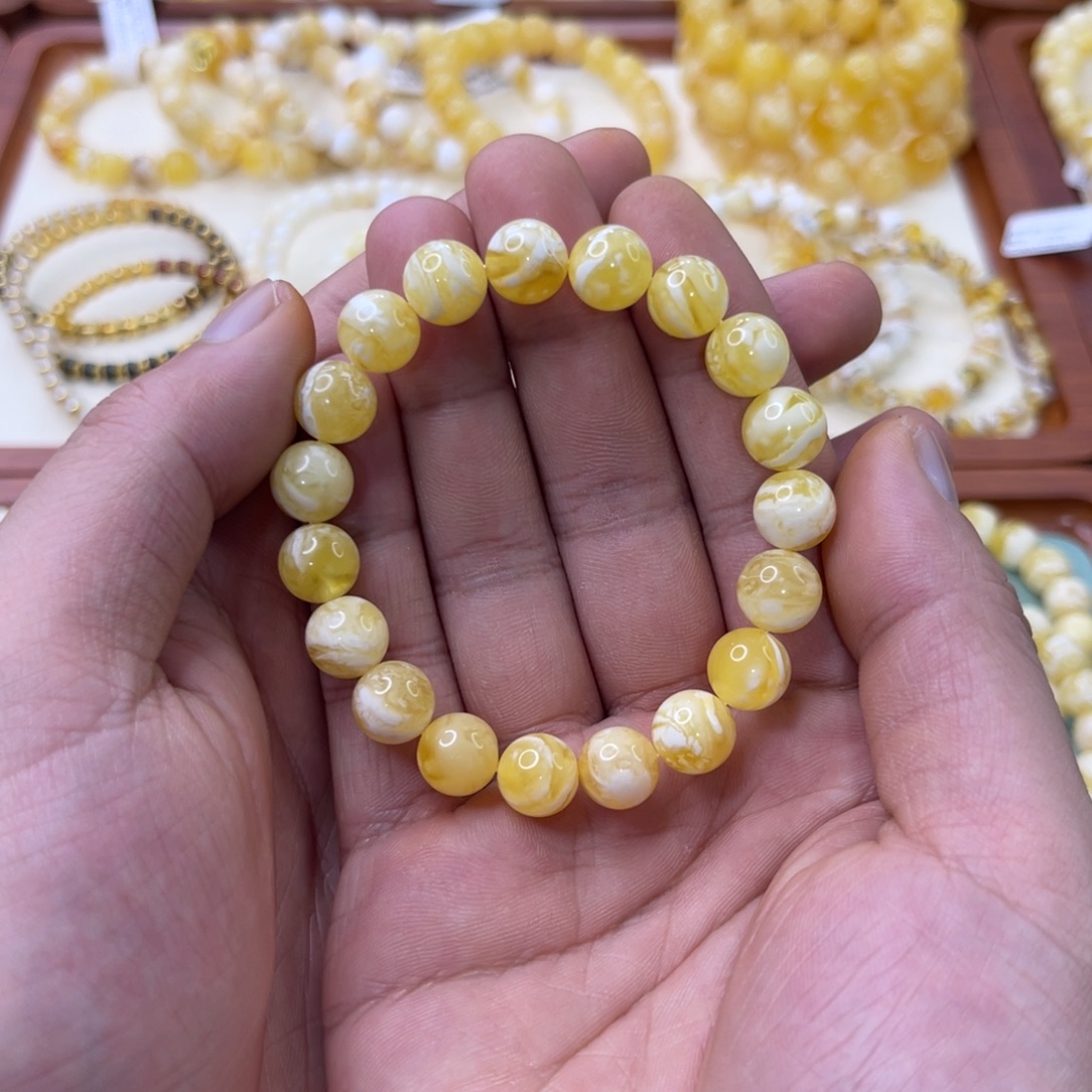 手链琥珀未镶嵌蜜蜡10mm瓷白虎皮圆珠