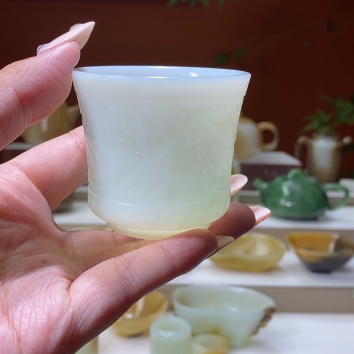未镶嵌和田玉摆件白玉百花杯75ml