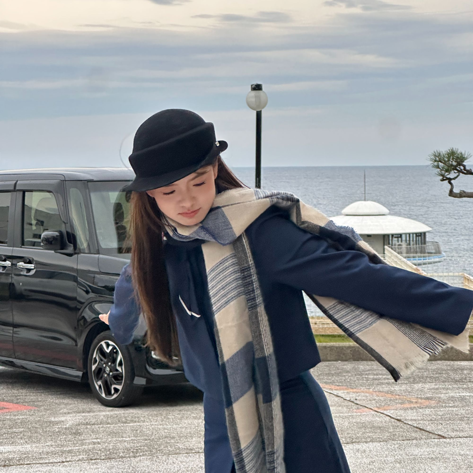 （十十鸭）青春小蓝 格纹围巾 软糯亲肤搭配显白精致出街百搭格子