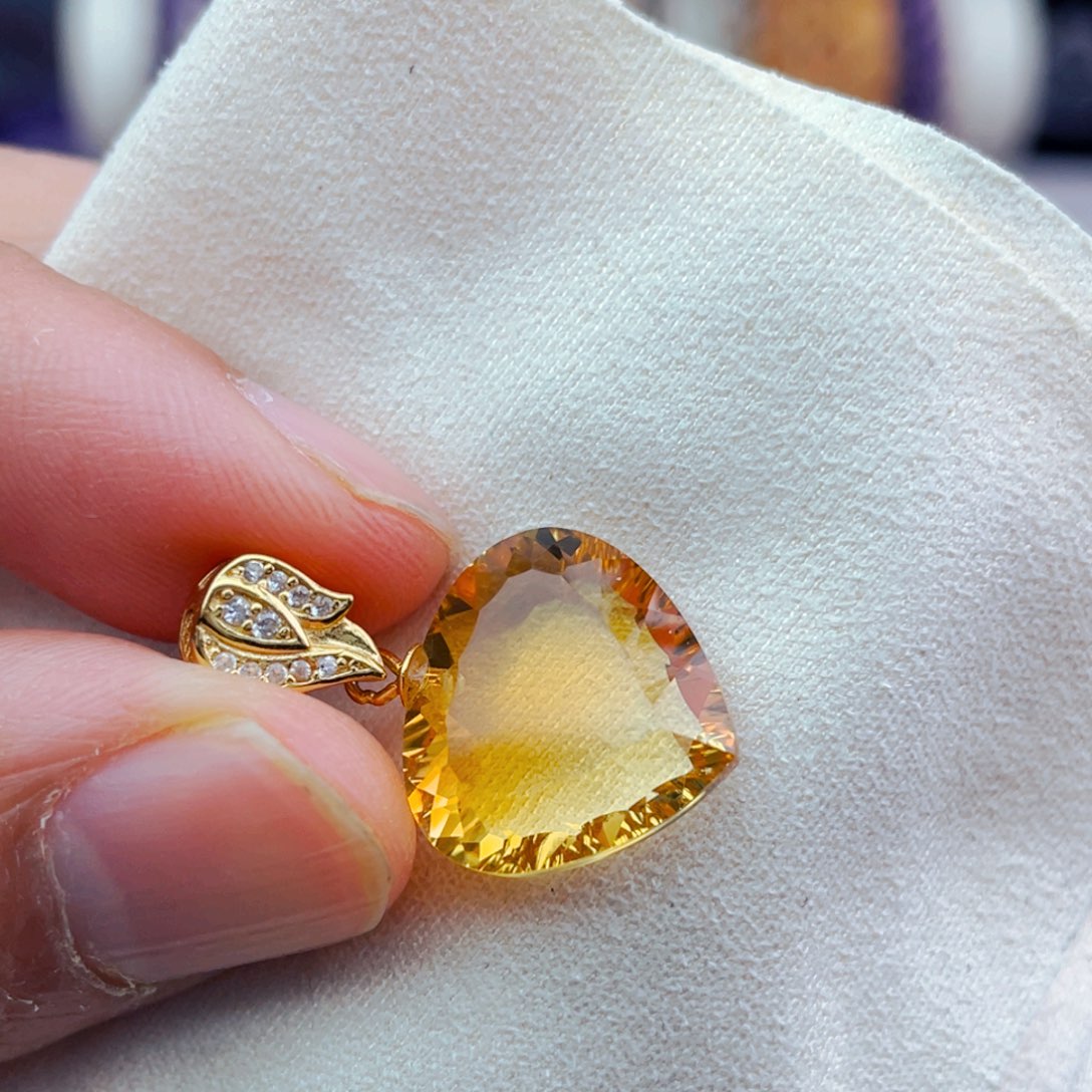 水晶高品质天然黄水晶吊坠银S925镶嵌