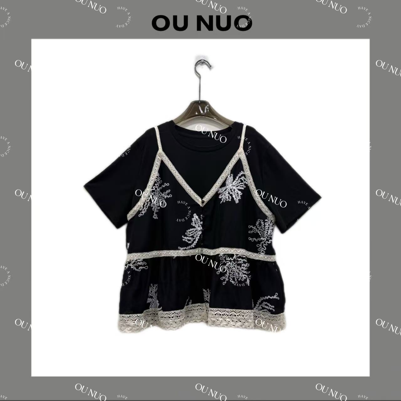 【OU NUO】7057#印花法式设计师拼接轻奢速干修身型二件套