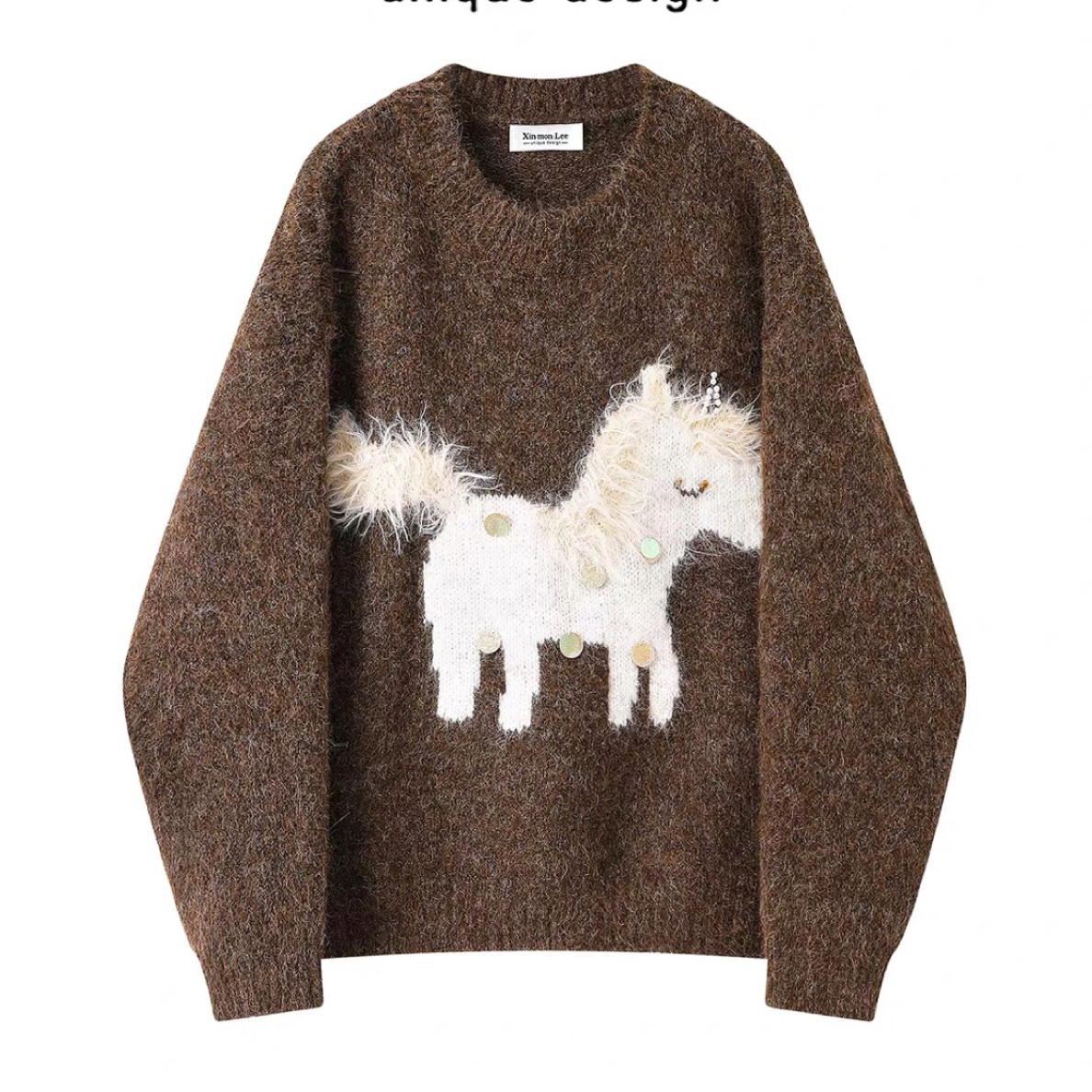 1126美拉德咖色亮片小马提花毛衣女冬季新款高级感软糯宽松针织衫