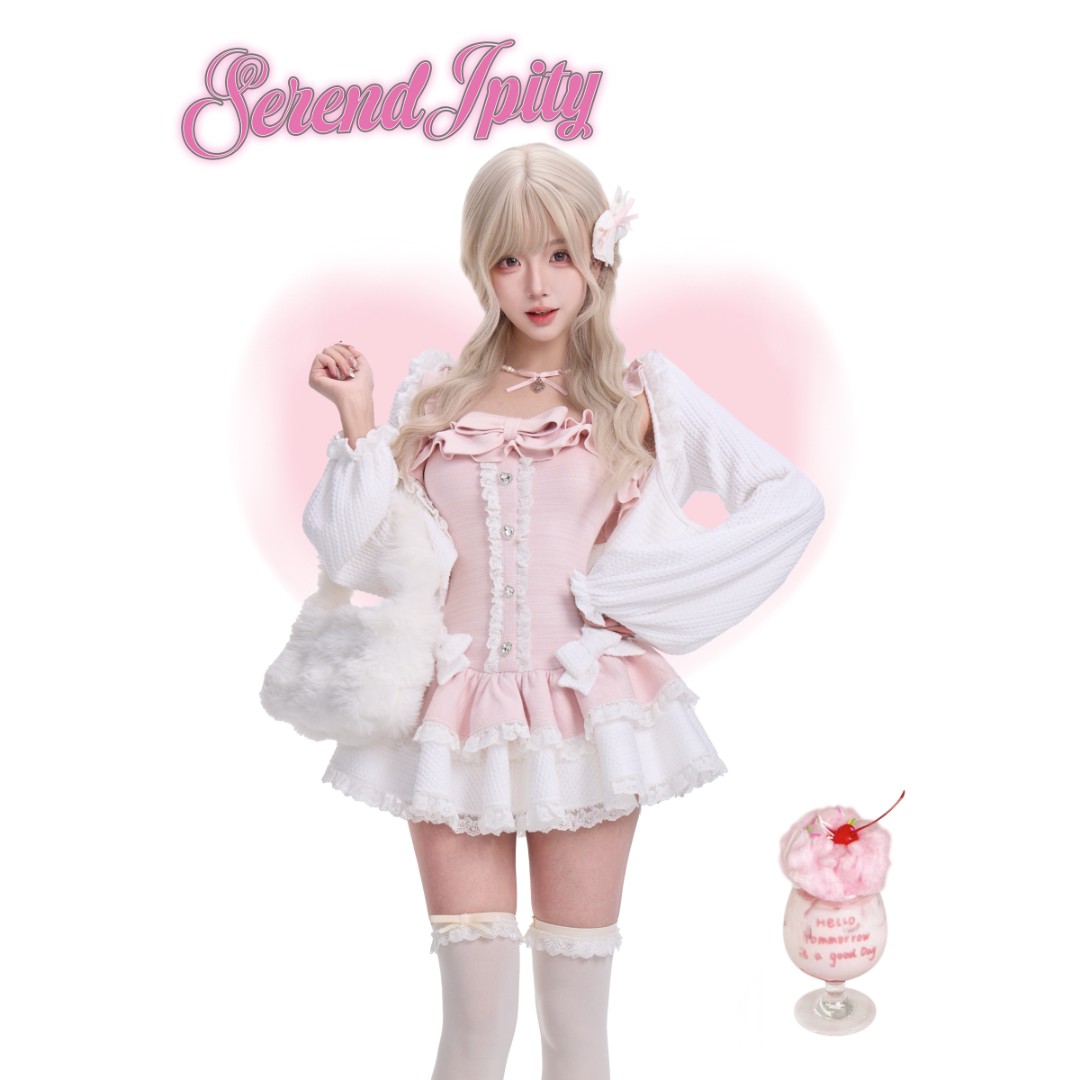 雪绒粉樱 少女椰子原创 日常系白色针织开衫+粉色连衣裙