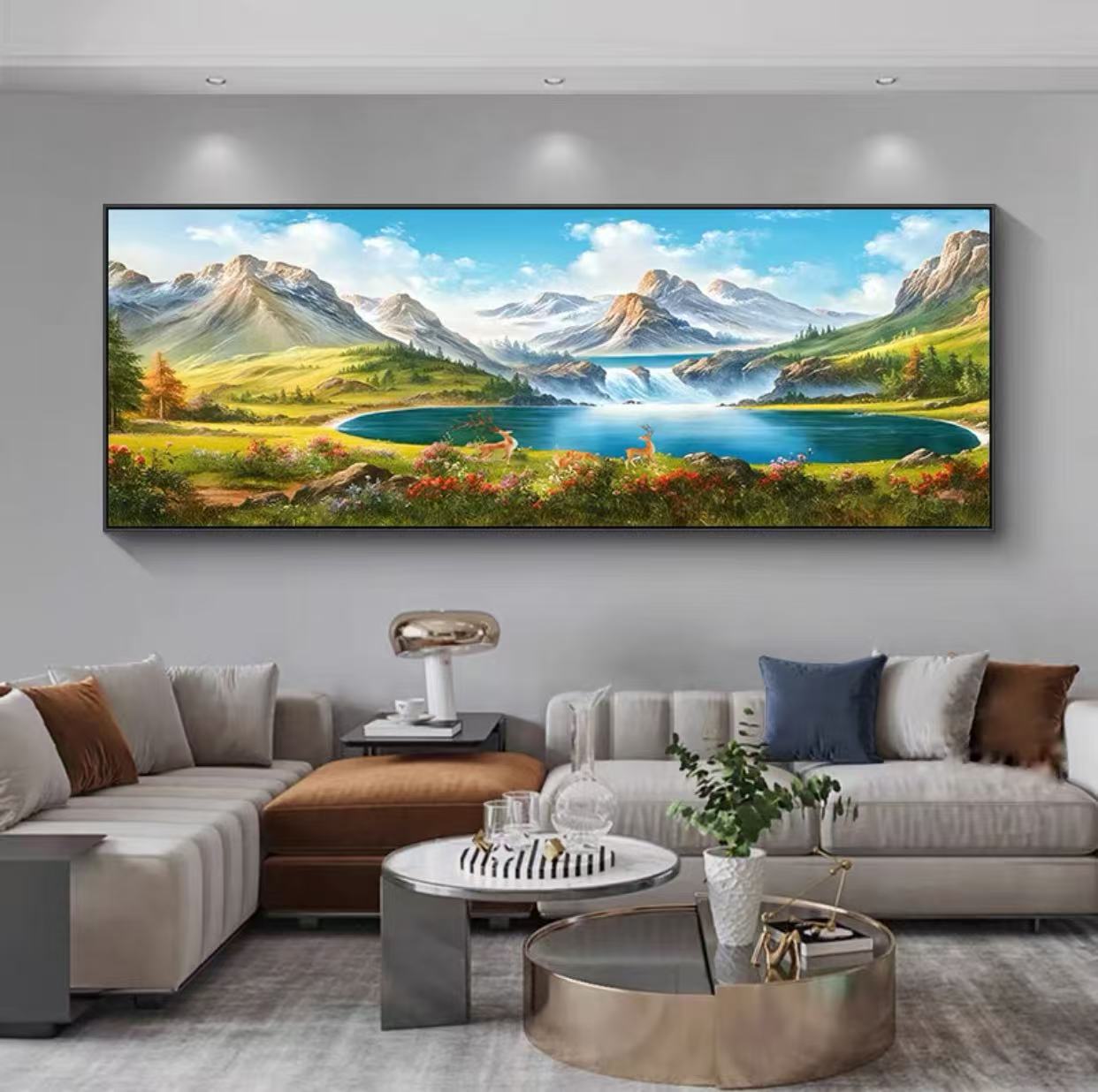 新中式日照金山客厅装饰画山水画靠山图沙发背景墙聚宝盆挂画