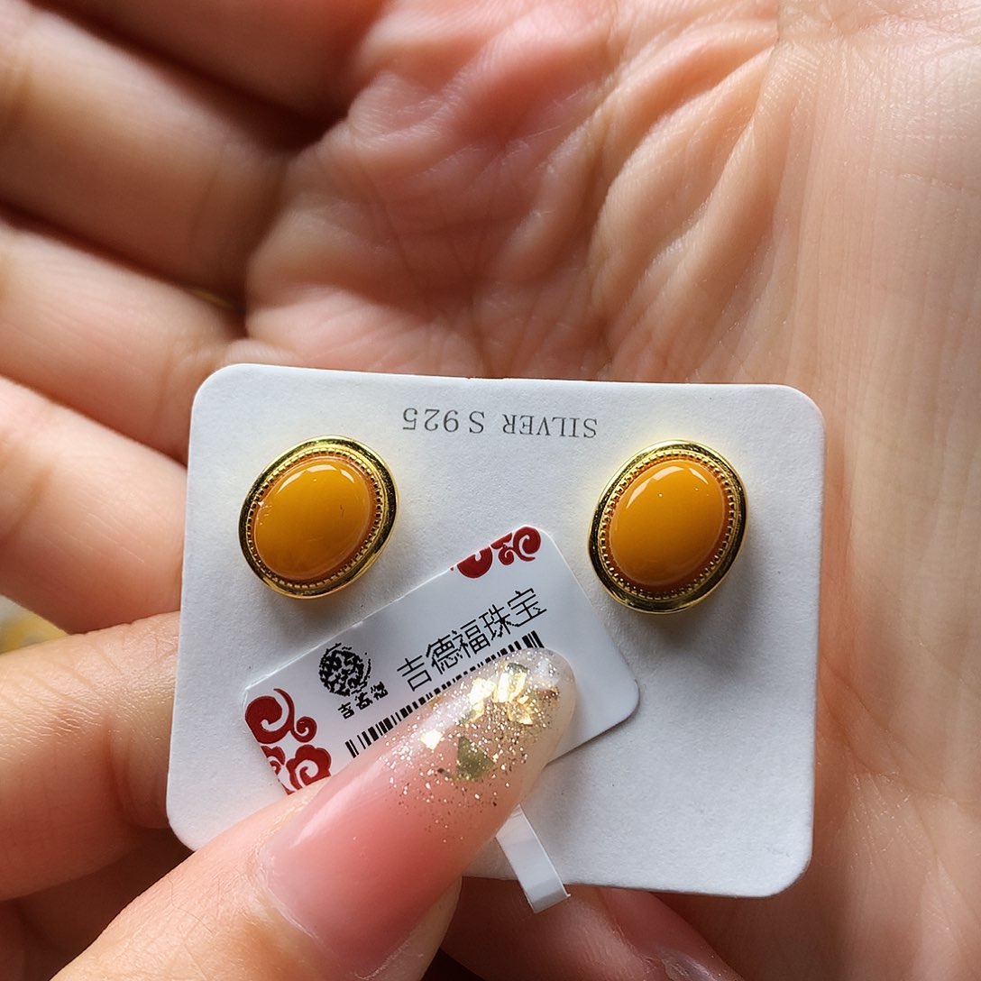 蜜蜡耳饰银S925镶嵌耳钉