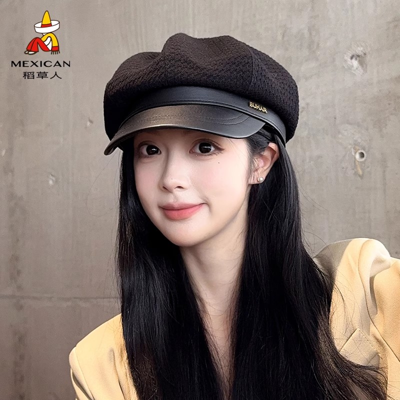 Mexican/稻草人帽子女秋冬百搭贝雷帽显脸小日系复古时尚八角帽潮