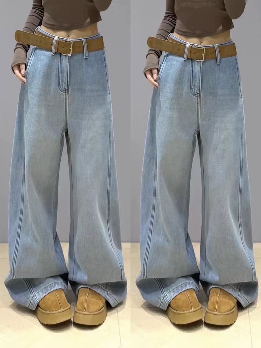 【团】百搭裤型方口袋窄版加绒保暖高腰直筒裤阔腿牛仔裤女