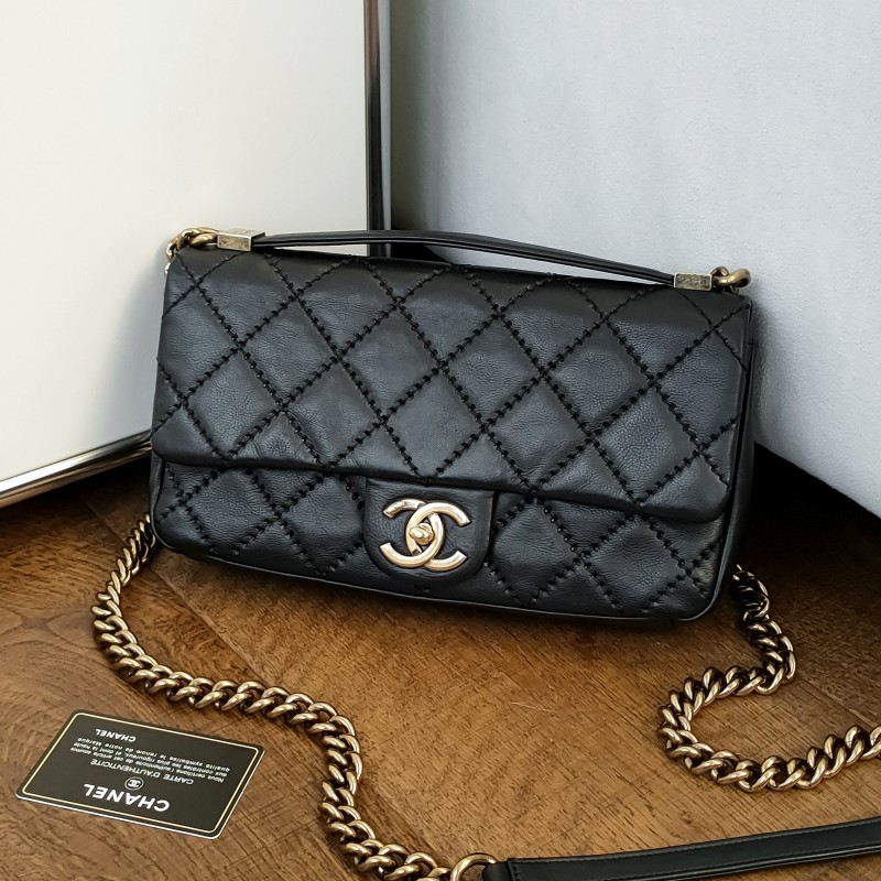 95新 Chanel/香奈儿 Azul-黑金牛皮手提面菱格纹CF单肩包/51246