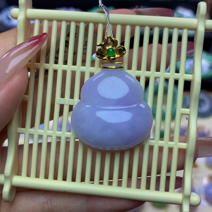 翡翠18K金镶嵌颈饰糯*米紫罗兰葫芦吊坠