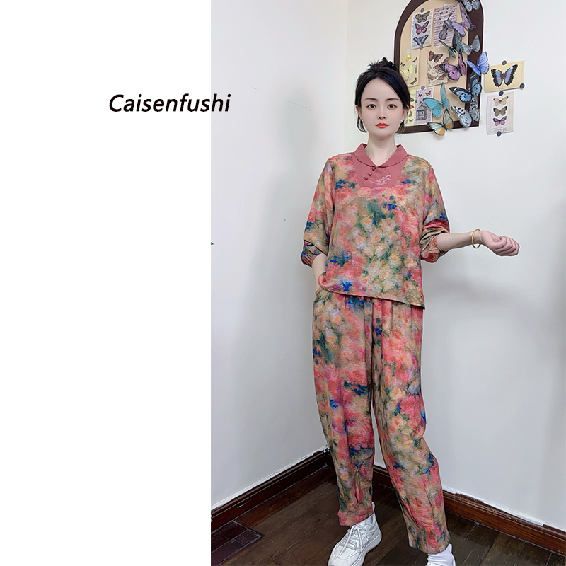 早秋款新中式复古盘扣长袖套装女装洋气民族风翻领衬衫休闲两件套